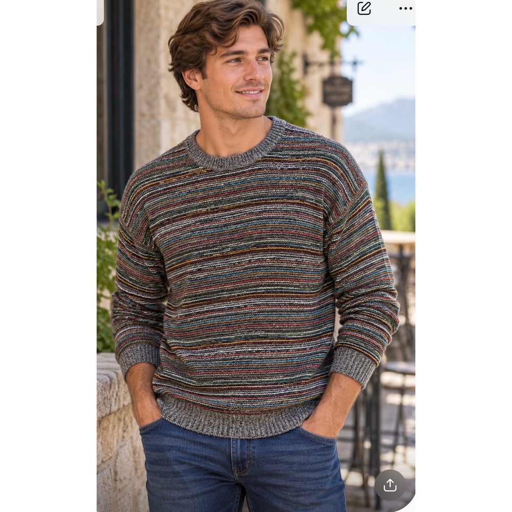 Gran Sasso Men's Size 44 Multicolor Striped Cotton Knit Sweater Made Italy
